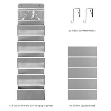 NesTidy Over The Door Organizer Storage 6 Layers, Wall Mount Hanging Organizer with 5 Large Pocket Organizers and 3 Small Pockets for Baby Essentials, Toys, Cosmetics, and Sundries (Grey, 1 Pack)