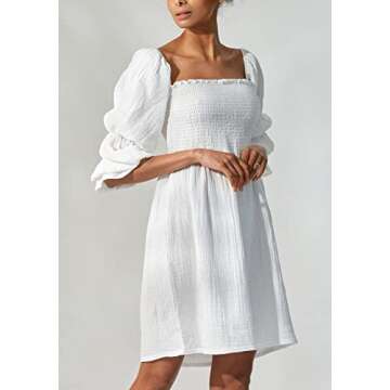 NOTHING FITS BUT Niko Dress, Rectangle Neck Smocked Casual Summer Dresses for Women, Soft Muslin Puffed Sleeve Printed Floral Cotton Dress (White, L/XL)