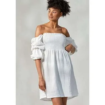 NOTHING FITS BUT Niko Dress, Rectangle Neck Smocked Casual Summer Dresses for Women, Soft Muslin Puffed Sleeve Printed Floral Cotton Dress (White, L/XL)