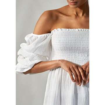 NOTHING FITS BUT Niko Dress, Rectangle Neck Smocked Casual Summer Dresses for Women, Soft Muslin Puffed Sleeve Printed Floral Cotton Dress (White, L/XL)