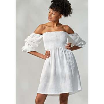 NOTHING FITS BUT Niko Dress, Rectangle Neck Smocked Casual Summer Dresses for Women, Soft Muslin Puffed Sleeve Printed Floral Cotton Dress (White, L/XL)