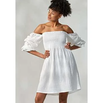 NOTHING FITS BUT Niko Dress, Rectangle Neck Smocked Casual Summer Dresses for Women, Soft Muslin Puffed Sleeve Printed Floral Cotton Dress (White, L/XL)