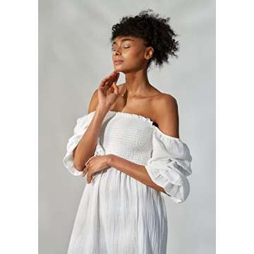 NOTHING FITS BUT Niko Dress, Rectangle Neck Smocked Casual Summer Dresses for Women, Soft Muslin Puffed Sleeve Printed Floral Cotton Dress (White, L/XL)