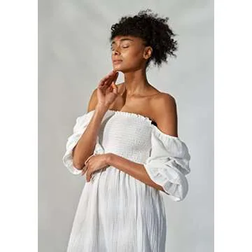 NOTHING FITS BUT Niko Dress, Rectangle Neck Smocked Casual Summer Dresses for Women, Soft Muslin Puffed Sleeve Printed Floral Cotton Dress (White, L/XL)