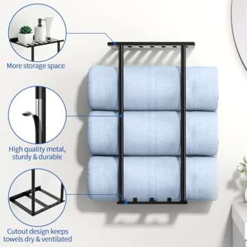 Towel Racks for Bathroom, Metal Wall Mounted Towel Rack Sturdy, Towel Storage for Bathroom Rustproof Towel Holder with Hook, Lavatory Bathroom Storage for Large Towels/Rolled Towels - Black