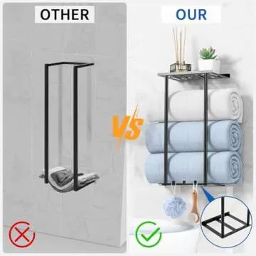 Towel Racks for Bathroom, Metal Wall Mounted Towel Rack Sturdy, Towel Storage for Bathroom Rustproof Towel Holder with Hook, Lavatory Bathroom Storage for Large Towels/Rolled Towels - Black