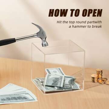 DMTINTA Clear Piggy Bank for Adults and Kids Transparent Piggy Bank for Adults Must Break to Open Acrylic Unopenable Piggy Bank to Help Budget and Save.7.9"×7.9"×7.9"