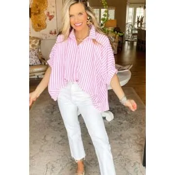 Women Pink Summer Stripe Dolman Sleeve Blouse