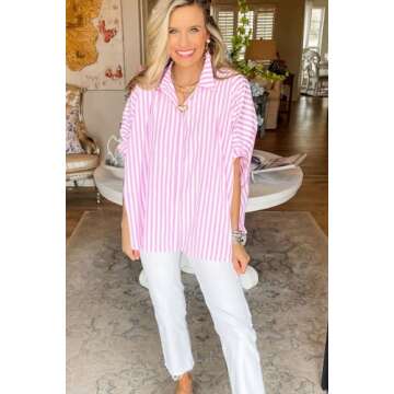Women Pink Summer Stripe Dolman Sleeve Blouse