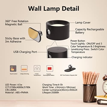 Deyagoo Rechargeable LED Wall Sconce with Magnetic 360° Rotation