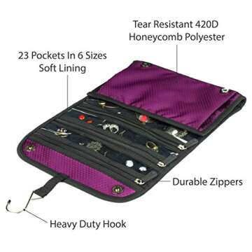 EVFOFO Sudopo OLSAinny Jaimie Hanging Travel Jewelry Organizer - Portable, Double Sided - 23 Zippered Pockets in 6 Sizes - Foldable Accessory Necklace Ring Bracelet Organizer for Travel & Home