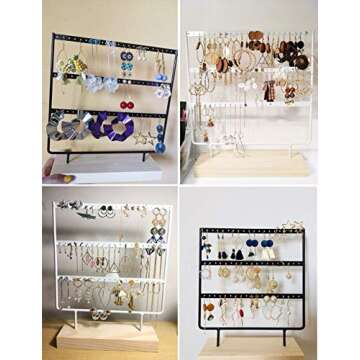 lemonadeus Earring Holder for Hanging Earrings Earring Stand Tree Display Stand Ear Stud Holder Jewelry Tower with Wooden Tray Dish (white（66 holes 3 layers）)
