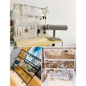 lemonadeus Earring Holder for Hanging Earrings Earring Stand Tree Display Stand Ear Stud Holder Jewelry Tower with Wooden Tray Dish (white（66 holes 3 layers）)