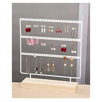 lemonadeus Earring Holder for Hanging Earrings Earring Stand Tree Display Stand Ear Stud Holder Jewelry Tower with Wooden Tray Dish (white（66 holes 3 layers）)