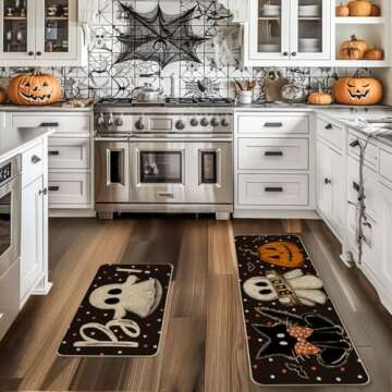 Artoid Mode Bats Black Cats Boo Pumpkin Halloween Kitchen Mats Set of 2, Home Decor Low-Profile Kitchen Rugs for Floor - 17x29 and 17x47 Inch