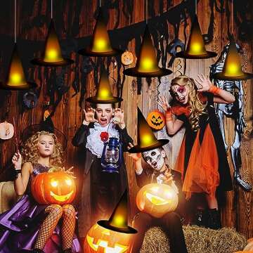 24 Pieces Halloween Black Witch Hats DIY Floating Light up Witch Hats with Tea Lights 3D Bats Wall D...