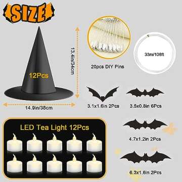24 Pieces Halloween Black Witch Hats DIY Floating Light up Witch Hats with Tea Lights 3D Bats Wall Decorations Halloween Costume Witch Accessories Outdoor Porch Halloween Party Decoration