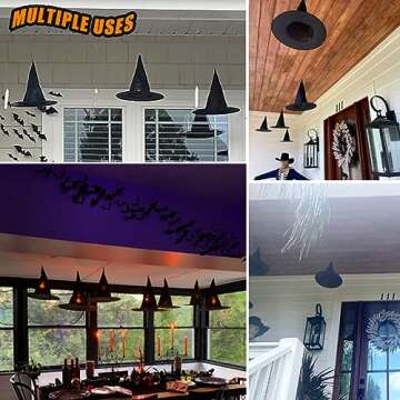 24 Pieces Halloween Black Witch Hats DIY Floating Light up Witch Hats with Tea Lights 3D Bats Wall Decorations Halloween Costume Witch Accessories Outdoor Porch Halloween Party Decoration