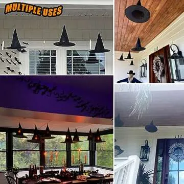 24 Pieces Halloween Black Witch Hats DIY Floating Light up Witch Hats with Tea Lights 3D Bats Wall Decorations Halloween Costume Witch Accessories Outdoor Porch Halloween Party Decoration