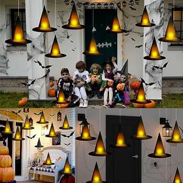 24 Pieces Halloween Black Witch Hats DIY Floating Light up Witch Hats with Tea Lights 3D Bats Wall Decorations Halloween Costume Witch Accessories Outdoor Porch Halloween Party Decoration
