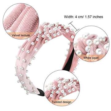 WILLBOND 3 Pieces Pearl Knotted Headbands for Women Velvet Top Knot Head Bands Pearls Hair Hoop for Woman Hair Accessories (Beige, Pink, Black)
