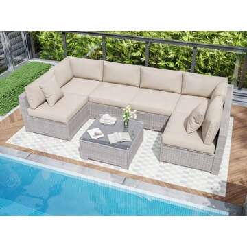 KIGOTY Patio Furniture Set 7 Pieces Conversation Sets, Outdoor Sectional Sofa, All-Weather PE Rattan Modular Sofa with Cushions and Glass Coffee Table（Grey White/Grey,7 Pieces-B）