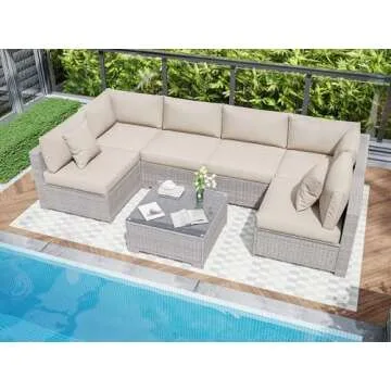 KIGOTY Patio Furniture Set 7 Pieces Conversation Sets, Outdoor Sectional Sofa, All-Weather PE Rattan Modular Sofa with Cushions and Glass Coffee Table（Grey White/Grey,7 Pieces-B）