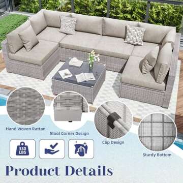 KIGOTY Patio Furniture Set 7 Pieces Conversation Sets, Outdoor Sectional Sofa, All-Weather PE Rattan Modular Sofa with Cushions and Glass Coffee Table（Grey White/Grey,7 Pieces-B）
