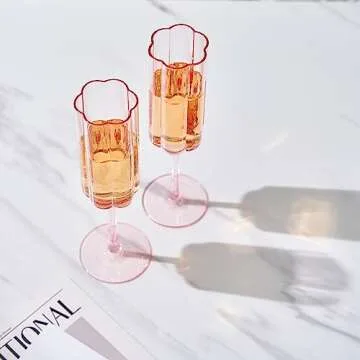 Flower Vintage Champagne Flute Glassware - Set of 2-7.4 oz Colorful Cocktail, Martini & Champagne Glasses, Prosecco, Mimosa Glasses Set, Bar Glassware Luster (Pink)