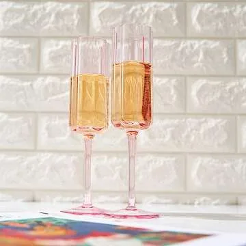 Flower Vintage Champagne Flute Glassware - Set of 2-7.4 oz Colorful Cocktail, Martini & Champagne Glasses, Prosecco, Mimosa Glasses Set, Bar Glassware Luster (Pink)