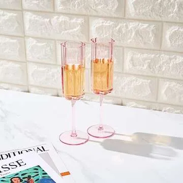 Flower Vintage Champagne Flute Glassware - Set of 2-7.4 oz Colorful Cocktail, Martini & Champagne Glasses, Prosecco, Mimosa Glasses Set, Bar Glassware Luster (Pink)