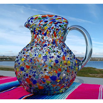 Mexican Hand Blown Glass Pitcher Colorful 84 oz Design