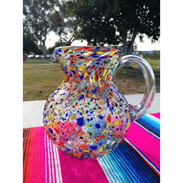 Mexican Hand Blown Glass Pitcher Colorful 84 oz Design