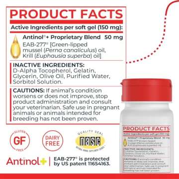 Antinol Plus, Mobility, Hip, and Joint Supplement for Dogs, Green-Lipped Mussels and Krill Oil - Dog Joint Supplement, Better and Faster Than Glucosamine and Chondroitin, 60 Soft Gels