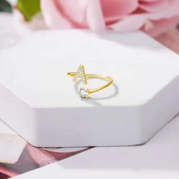 Haoze Adjustable Rose Gold Initial Ring with Crystals