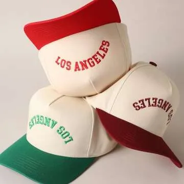 MIRMARU Two-Tone Vintage Canvas Trucker Hats for Men & Women, Adjustable Size Baseball Caps with Trendy Embroidered Design (US, Alpha, One Size, Los Angeles, Red)