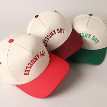 MIRMARU Two-Tone Vintage Canvas Trucker Hats for Men & Women, Adjustable Size Baseball Caps with Trendy Embroidered Design (US, Alpha, One Size, Los Angeles, Red)