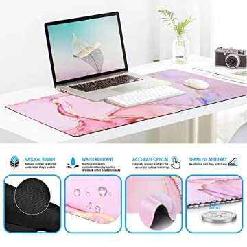 iCasso Desk Mat, Gaming Mouse Pad Wrist Support Set,4in1 XXL Large Mousepad + Keyboard Wrist Rest+Mouse Wrist Rest+Coaster Set with Ergonomic Design for Home Office Table Computer-Glitter Marble