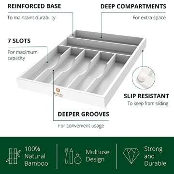 ROYAL CRAFT WOOD Luxury Bamboo Kitchen Drawer Organizer - Silverware Organizer - Utensil Holder and Cutlery Tray with Grooved Drawer Dividers for Flatware and Kitchen Utensils (7 Slot, White)
