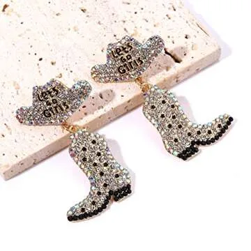 Western Cowgirl Earrings for Women Sparkle Rhinestone Cowboy Boot Hat Dangle Earrings Hypoallergenic Bachelorette Party Howdy Dangling Earrings Nashville Rodeo Country Concert Outfits for Women (cowgirl earrings A Set)