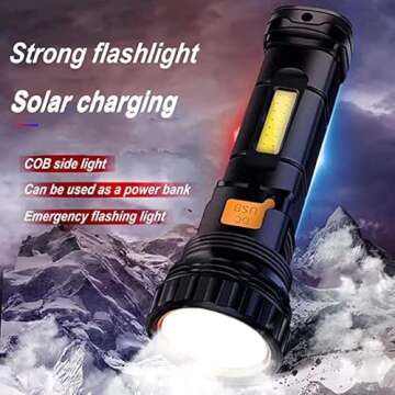 E-SHIDAI 2pcs Solar/Rechargeable Multi Function 1000 Lumens LED Flashlight, with Emergency Strobe Light and 1200 Mah Battery, Emergency Power Supply and USB Charging Cable, Fast Charging (2PC)