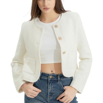 URBAN REVIVO Tweed Casual Blazer Jacket for Women Cropped Crew Open Front Gold Button Blazer Office White, Small