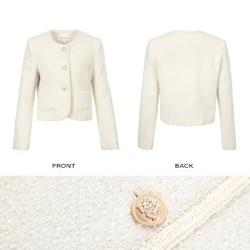 URBAN REVIVO Tweed Casual Blazer Jacket for Women Cropped Crew Open Front Gold Button Blazer Office White, Small