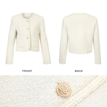 URBAN REVIVO Tweed Casual Blazer Jacket for Women Cropped Crew Open Front Gold Button Blazer Office White, Small