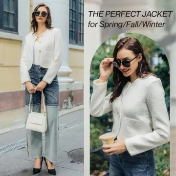 URBAN REVIVO Tweed Casual Blazer Jacket for Women Cropped Crew Open Front Gold Button Blazer Office White, Small