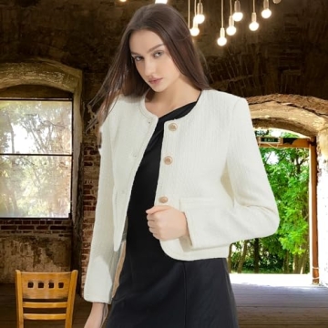URBAN REVIVO Tweed Casual Blazer Jacket for Women Cropped Crew Open Front Gold Button Blazer Office White, Small