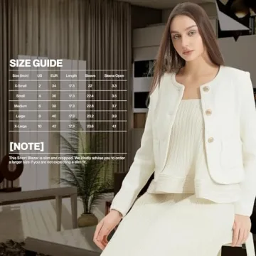 URBAN REVIVO Tweed Casual Blazer Jacket for Women Cropped Crew Open Front Gold Button Blazer Office White, Small