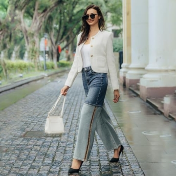 URBAN REVIVO Tweed Casual Blazer Jacket for Women Cropped Crew Open Front Gold Button Blazer Office White, Small