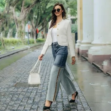 URBAN REVIVO Tweed Casual Blazer Jacket for Women Cropped Crew Open Front Gold Button Blazer Office White, Small