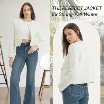 URBAN REVIVO Tweed Casual Blazer Jacket for Women Cropped Crew Open Front Gold Button Blazer Office White, Small